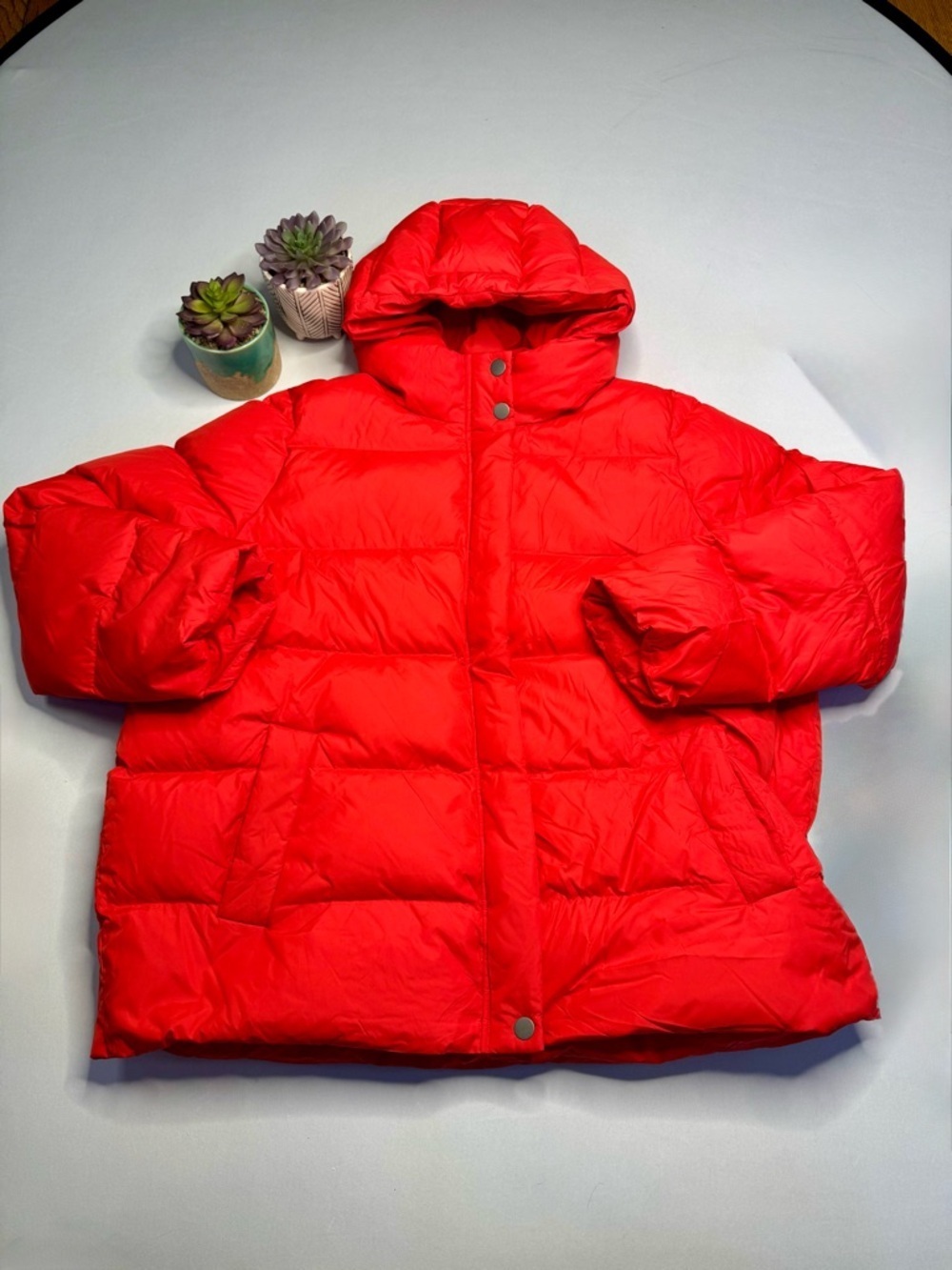 Eileen Fisher Recycled Nylon Hooded Down puffer COAT JACKET Red Lory Size XL - Picture 3 of 7